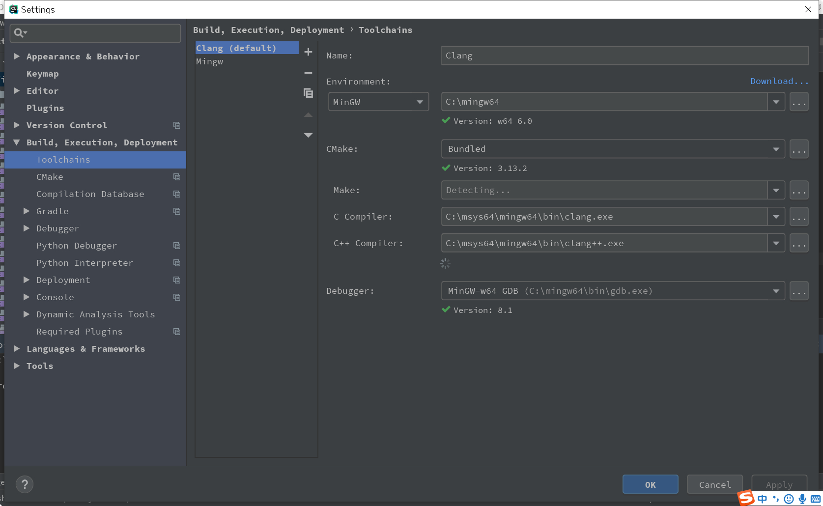 clion_clang配置_toolchain_mingw部分